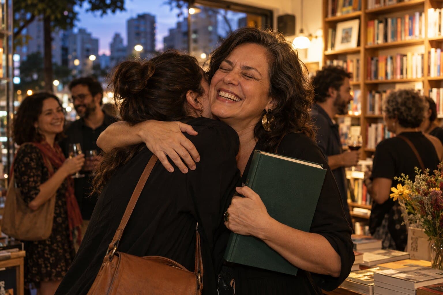 Numa livraria ao entardecer, uma autora ri de olhos fechados enquanto é abraçada, segurando o próprio livro contra o peito.