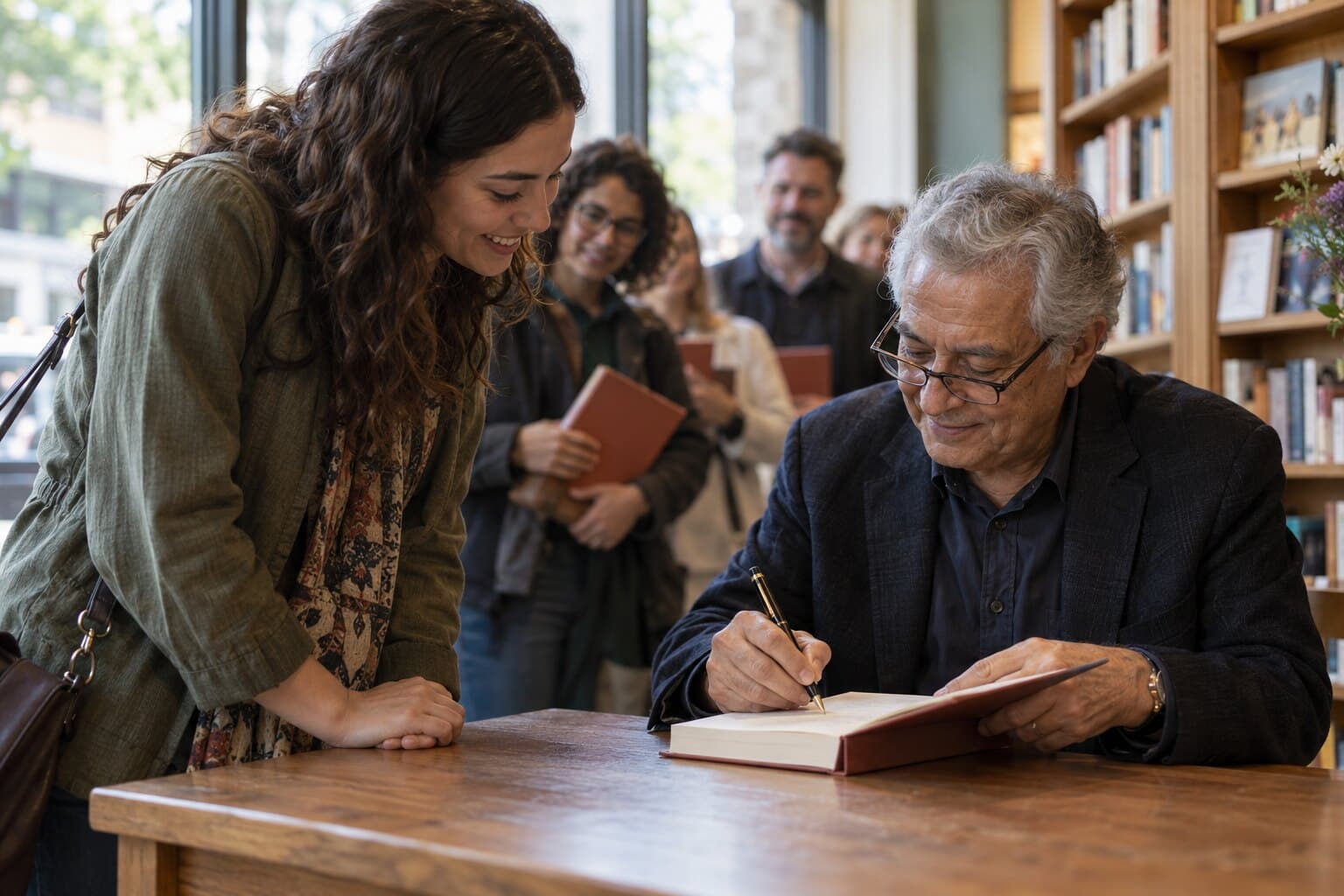 Um autor de cabelos grisalhos autografa o próprio livro para uma leitora sorridente, com uma fila de leitores ao fundo.