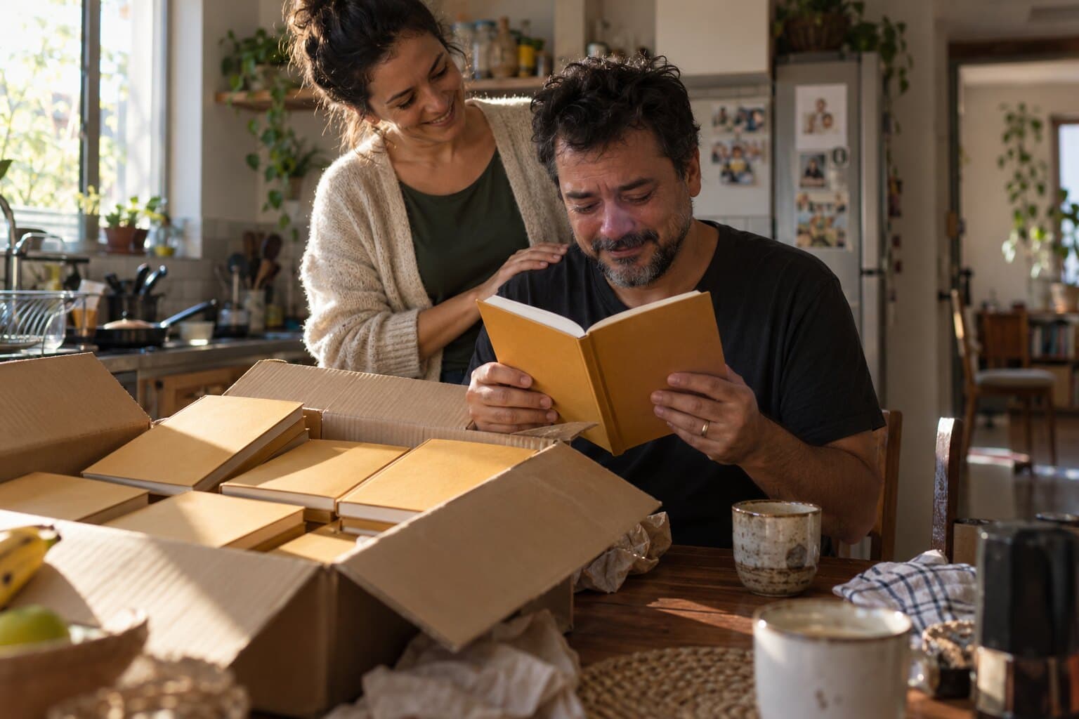 Na mesa da cozinha, um autor emocionado segura o primeiro exemplar ao lado da caixa recém-aberta, com a mão do companheiro no ombro.